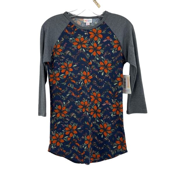 Lularoe Randy Womens Baseball Tee T Shirt Raglan Floral Blue Orange XXS NEW - Picture 1 of 7